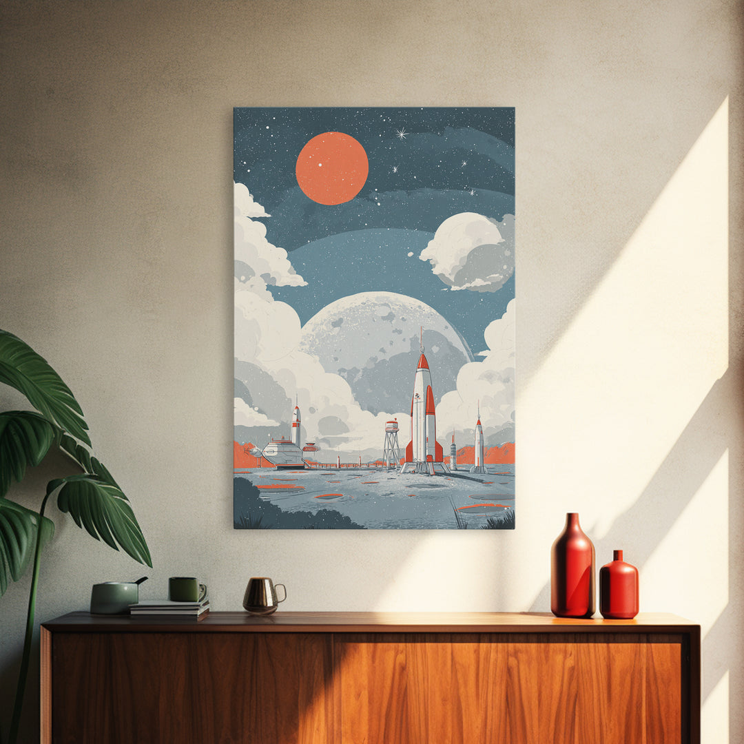 Retro Rocket Spaceport In Clouds Canvas Print, Moon Colony Wall Art Poster, Midcentury Modern Sci Fi Nursery Room Decor Print