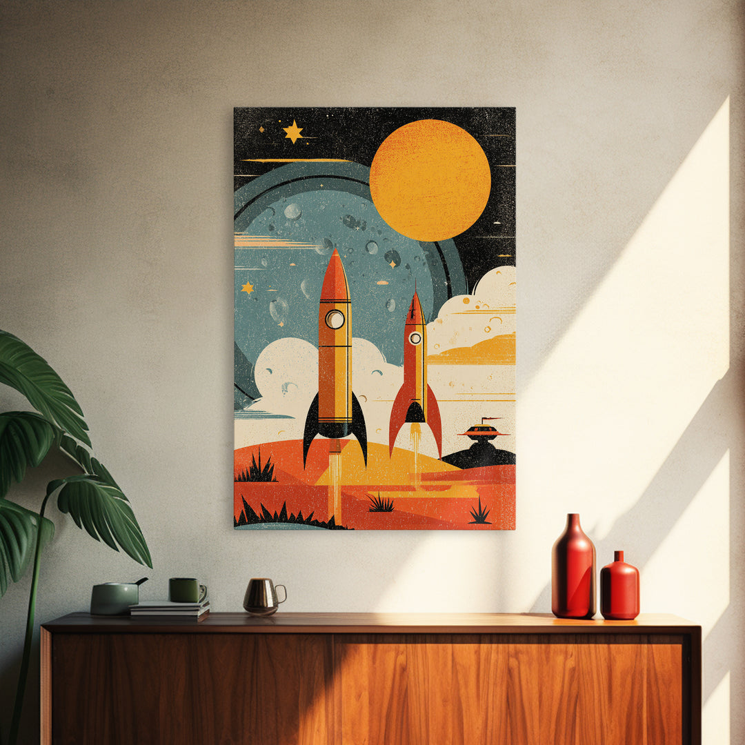 Orange Atomic Rockets And Sun Wall Art, Retro Space Age Poster, Midcentury Modern Sci Fi Decor, Bold MCM Canvas Print Gift
