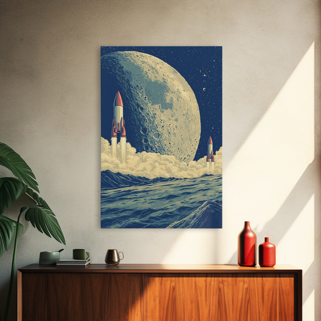 Rockets Launch From Lunar Waves Canvas Print, Giant Moon Sci Fi Poster, Retro Futuristic Wall Art, Space Age Room Decor Print