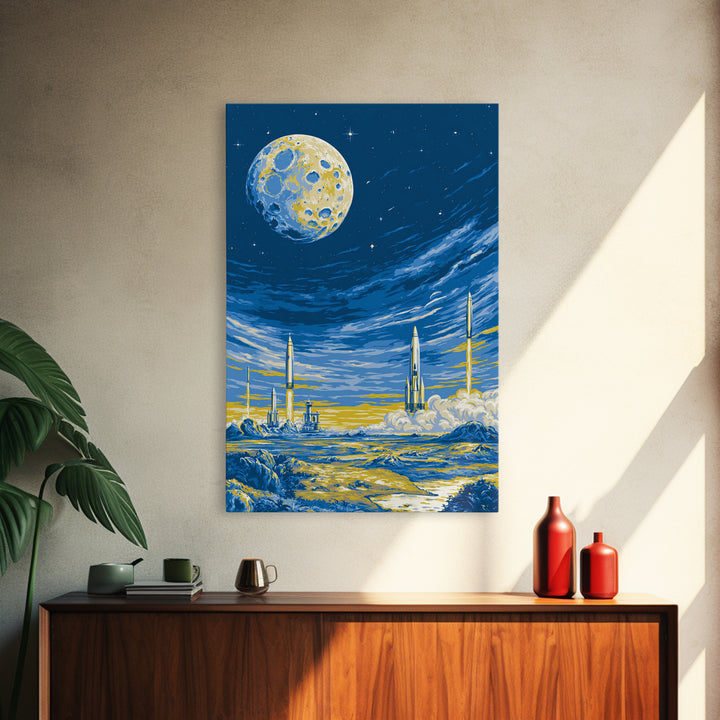 Blue Moon Rocket Colony Wall Art, Yellow Lunar Landscape Poster, Retro Sci Fi Space Decor, Midcentury Modern Room Print Gift