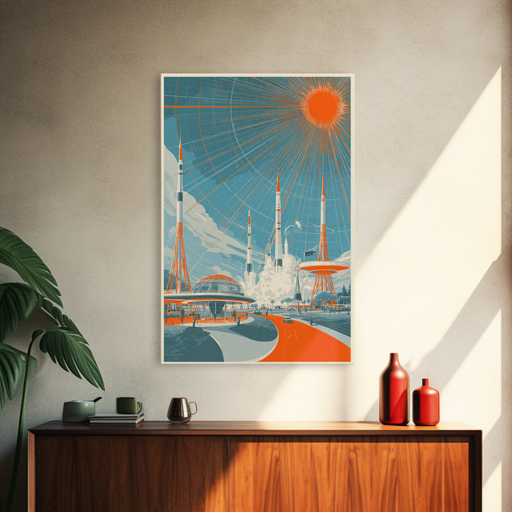 Retro Futuristic Rocket City Wall Art, Orange Sun Spaceport Poster, Midcentury Modern Sci Fi Decor, Atomic Ranch Print Gift