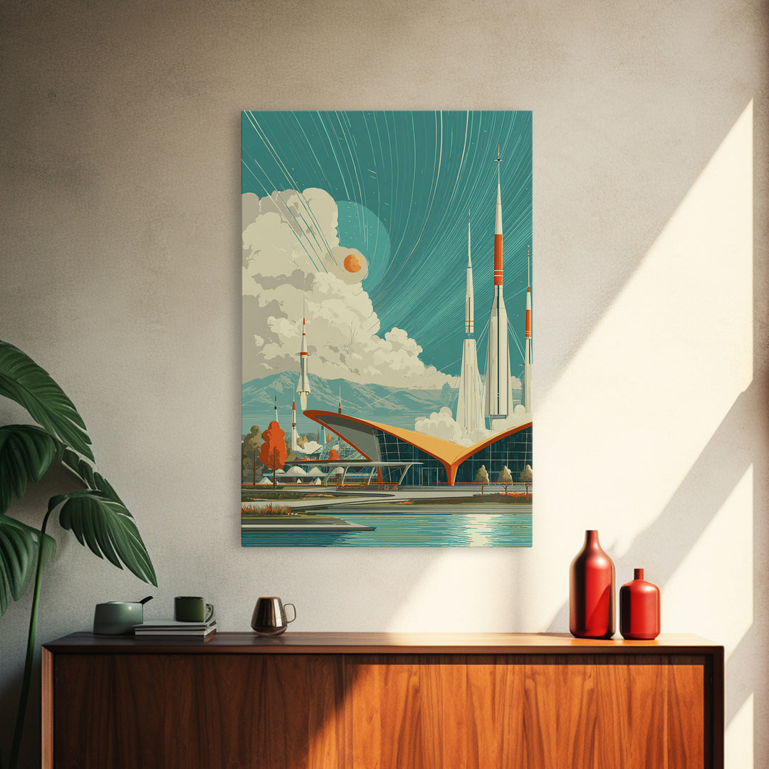 Retro Futuristic Rocket Spaceport With Teal Sky Wall Art, Mid Century Modern Sci Fi Poster, Atomic MCM Space Decor Print