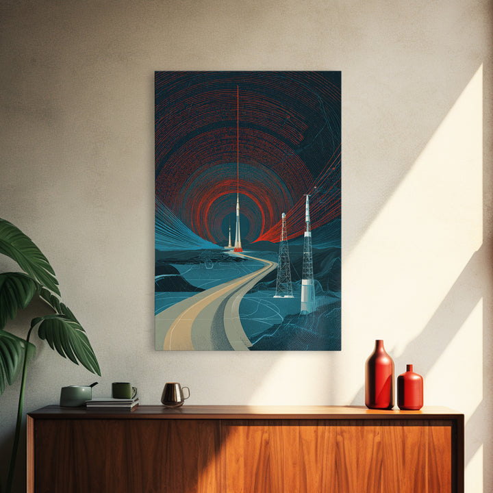 Desert Road To Rocket Launch Wall Art, Mid Century Modern Sci Fi Poster, Retro Space Travel Print, Atomic MCM Home Decor