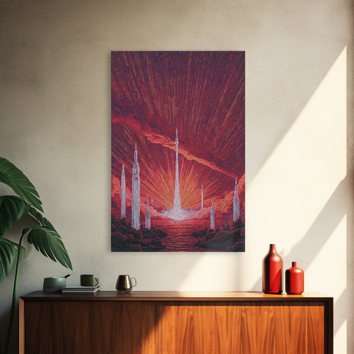 Fiery Red Rocket City At Sunrise Wall Art, Mid Century Modern Sci Fi Poster, Atomic Space Landscape, Retro MCM Decor Print