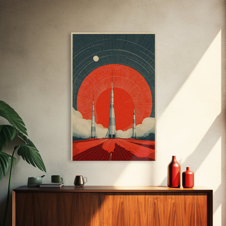 Giant Red Sun Rocket Launch Canvas Print, Mid Century Modern Sci Fi Poster, Atomic Space Art, Retro MCM Wall Decor Print