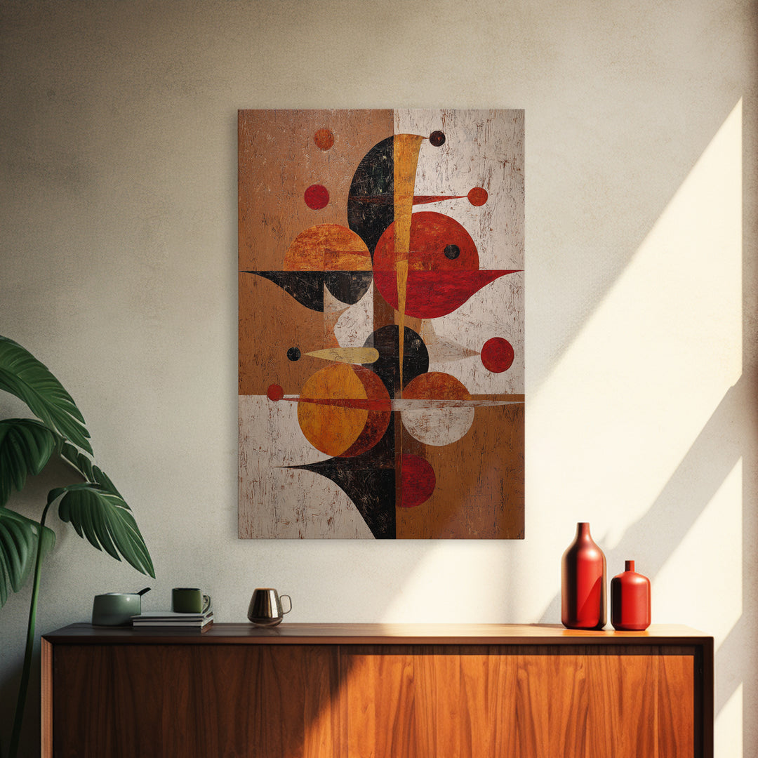 Textured Red Orange Geometric Circles Wall Art, Mid Century Modern Abstract Poster, Bauhaus MCM Living Room Decor Print Gift