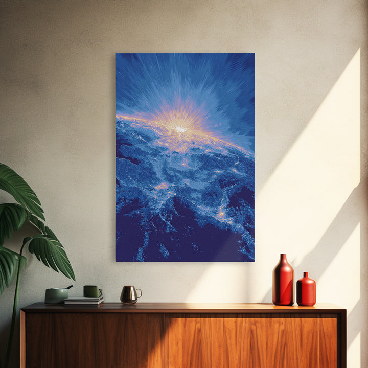 Blue Cosmic Earth Sunrise Framed Canvas Print, Modern Abstract Space Art, Midcentury Poster, Galaxy Home Office Decor Gift