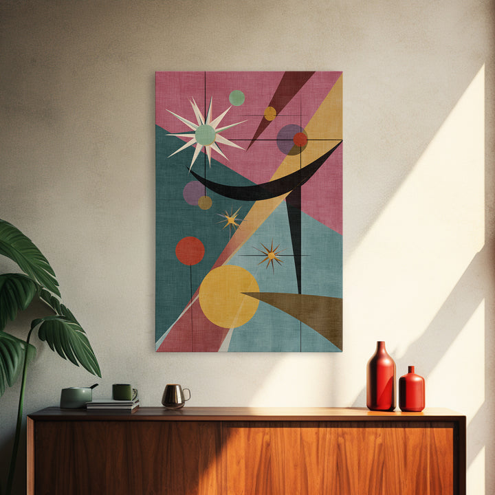 Pink Teal Atomic Starburst Abstract Wall Art, Mid Century Modern Poster, Retro Geometric MCM Living Room Decor Print Gift
