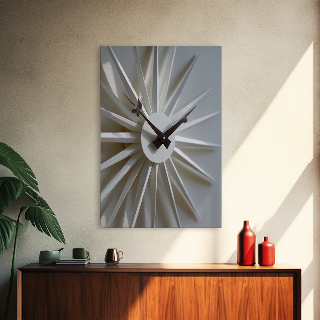 Minimal White Sunburst Clock Framed Canvas Print, Mid Century Modern Decor, Geometric Wall Art, Scandinavian Modern, MCM Artwork