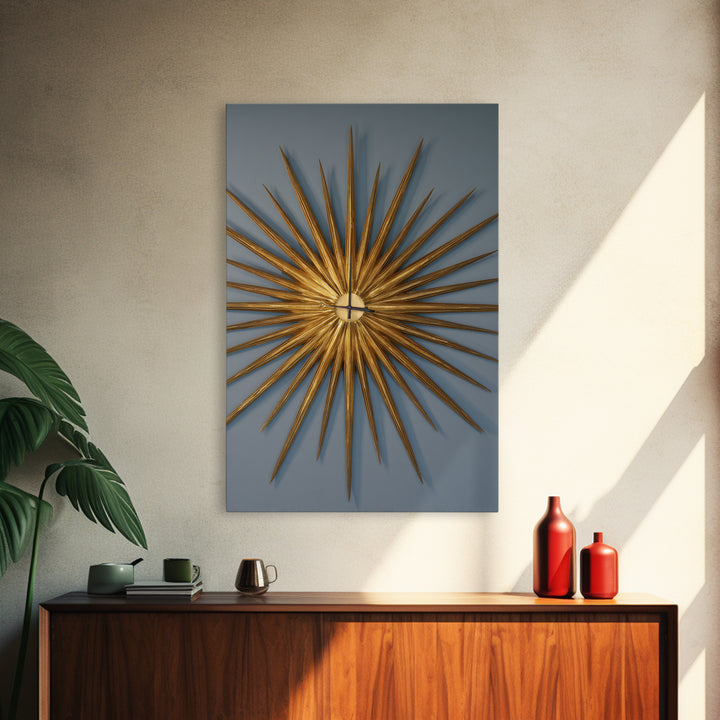 Gold Atomic Sunburst Clock On Blue Wall Art, Mid Century Modern Decor, MCM Wall Art, Retro Wall Decor, Modern Home Art Print