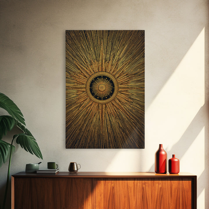 Ornate Gold Sunburst Clock Canvas Print, Midcentury Modern Art, Geometric Art Deco, Atomic Retro Wall Art, Statement Wall Decor