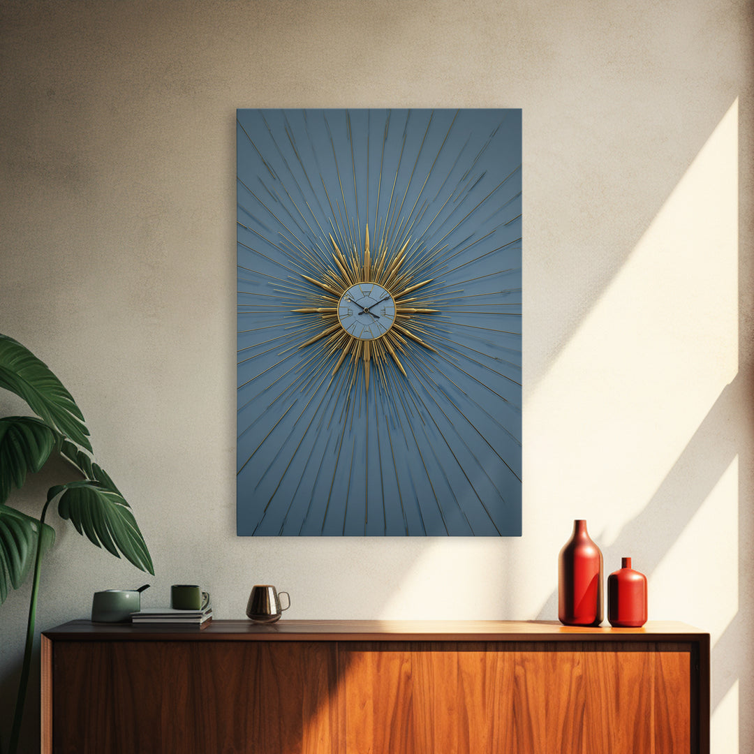 Blue And Gold Starburst Clock Framed Canvas Print, Mid Century Modern Decor, Atomic Wall Art, MCM Artwork, Large Canvas Print