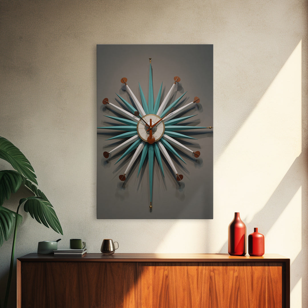 Teal White Atomic Starburst Clock Wall Art, Mid Century Modern Decor, Retro Wall Decor, Geometric Art Print, MCM Home Decor