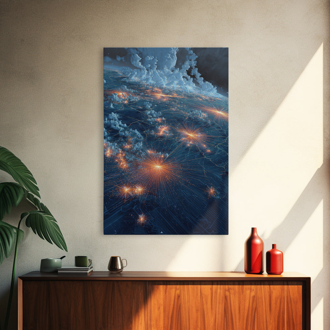 Stormy Earth Lights From Orbit Wall Art, Modern Abstract Space Print, Sci Fi City Map Poster, Blue Office Living Room Decor Gift