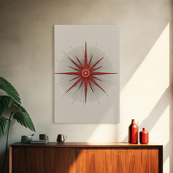 Red Compass Starburst Abstract Canvas Print, Mid Century Modern Art, Atomic Retro Poster, Geometric Wall Art, Minimalist Decor