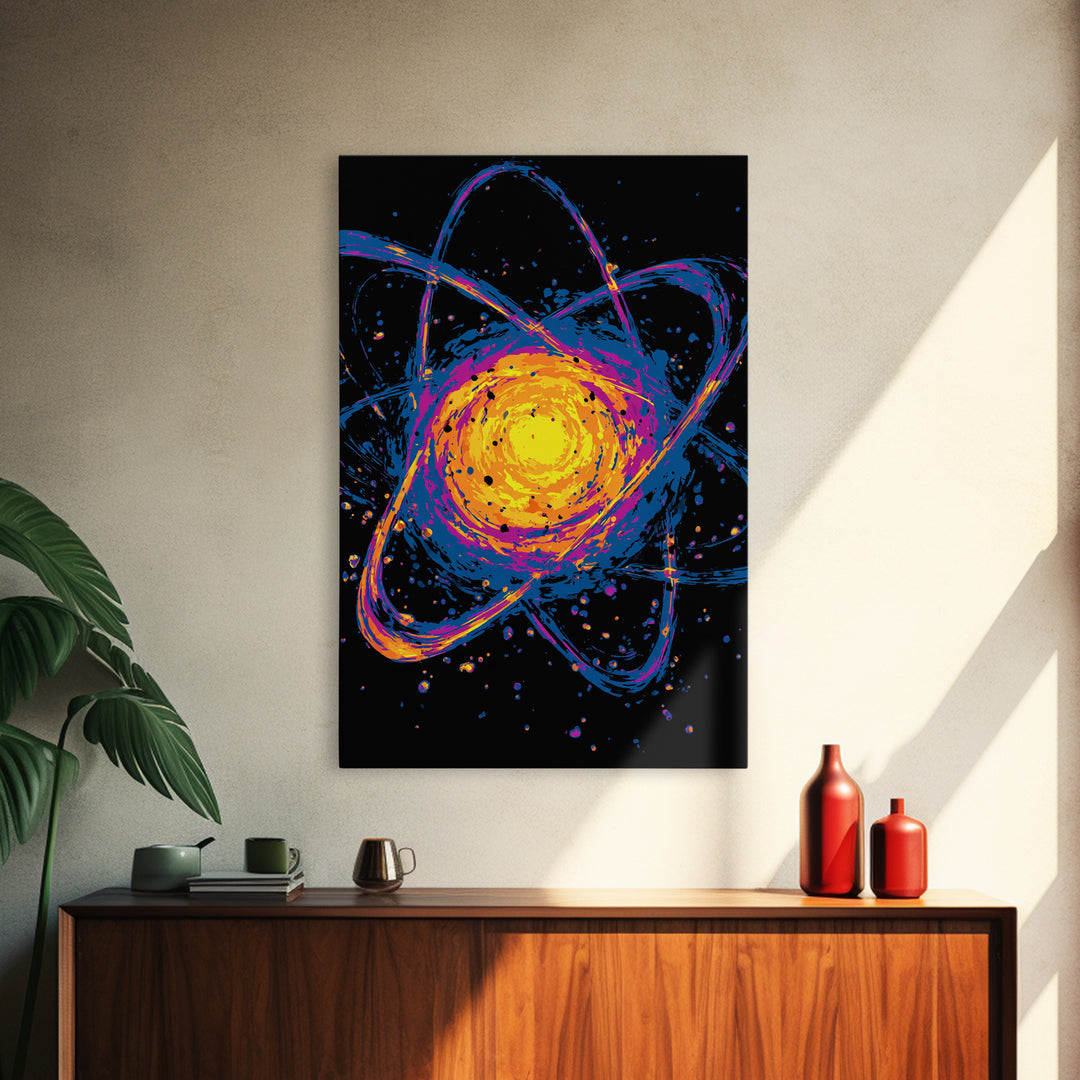 Exploding Atomic Nucleus Canvas Print, Midcentury Modern Art, Retro Sci Fi Wall Decor, Cosmic Abstract Poster For Game Room