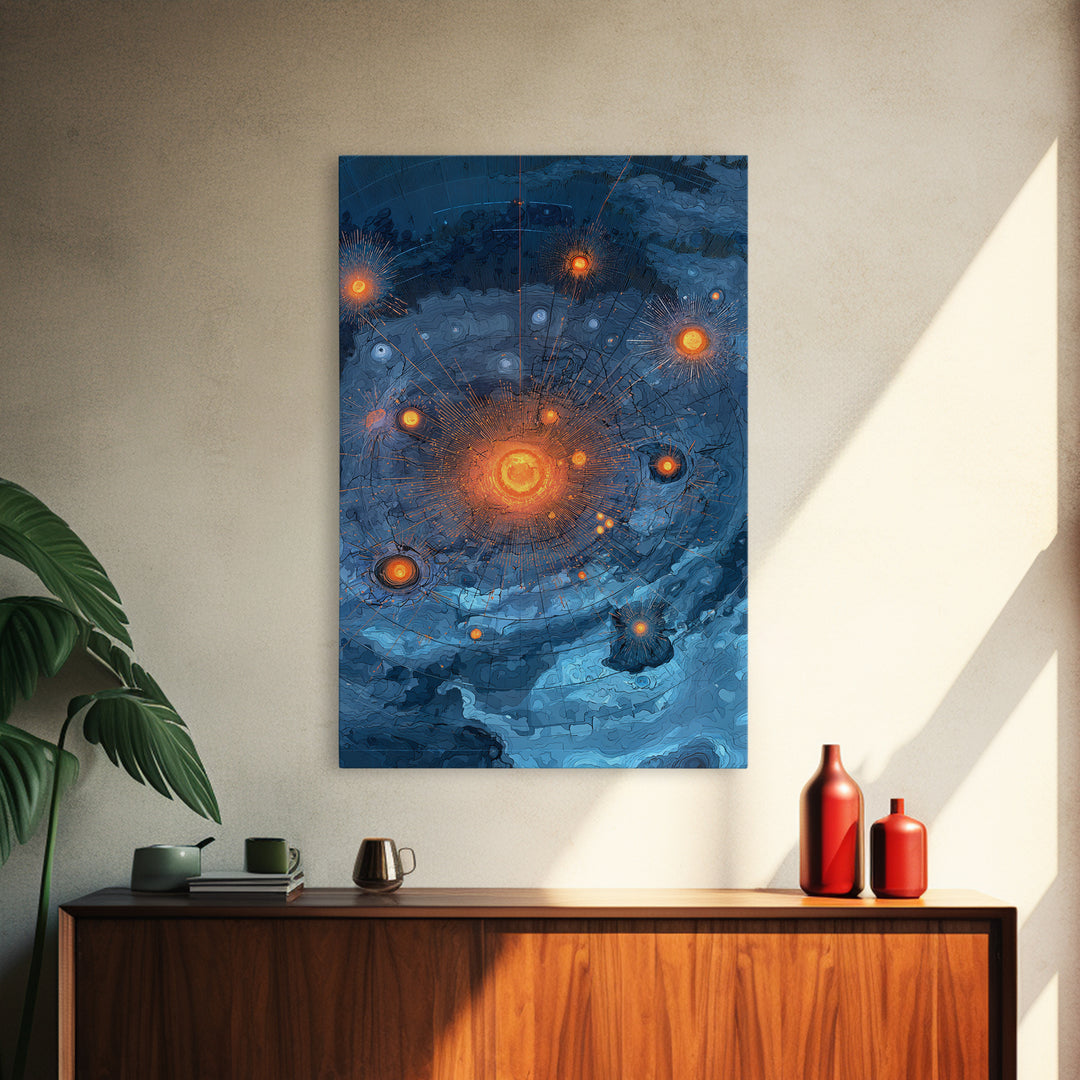 Blue Orange Planetary Orbit Canvas Print, Midcentury Modern Abstract Space Art, Atomic Poster, Geometric Office Decor Gift