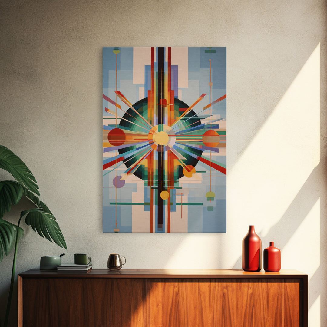 Geometric Atomic Sunburst Canvas Print, Midcentury Modern Wall Art, Bauhaus Abstract Poster, Colorful Retro Home Decor Gift