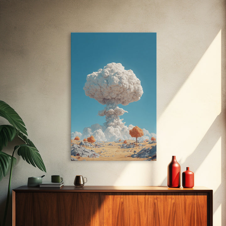 White Mushroom Cloud In Desert Landscape Framed Canvas Print, Surreal Atomic Art, Modern Wall Decor, Blue Sky Poster Print
