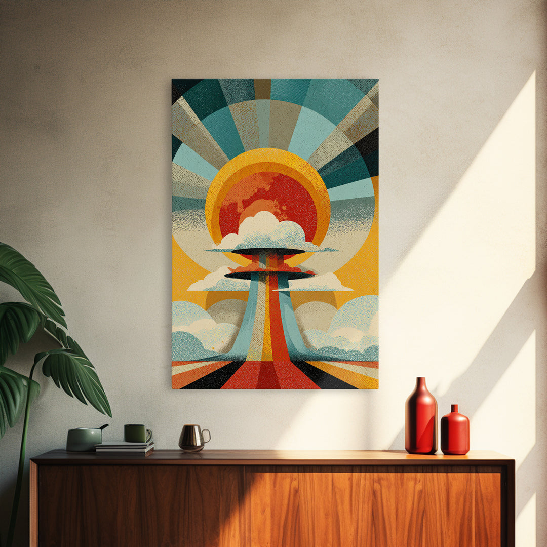 Retro Sunburst UFO Cloud Tower Canvas Print, Atomic Midcentury Modern Wall Art, Space Age Poster, Bold Geometric Decor Print