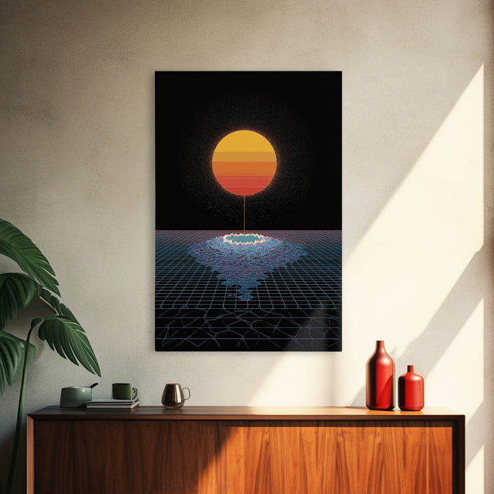 Minimal Retro Sun Over Digital Grid Canvas Print, Black Sci Fi Wall Art, Vaporwave Poster, Modern Geometric Decor Print Gift