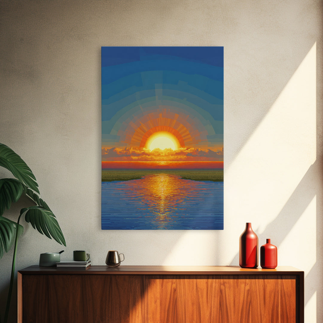 Golden Sunrise Over Calm Water Wall Art, Pixel Style Midcentury Poster, Modern Abstract Landscape, Living Room Decor Print