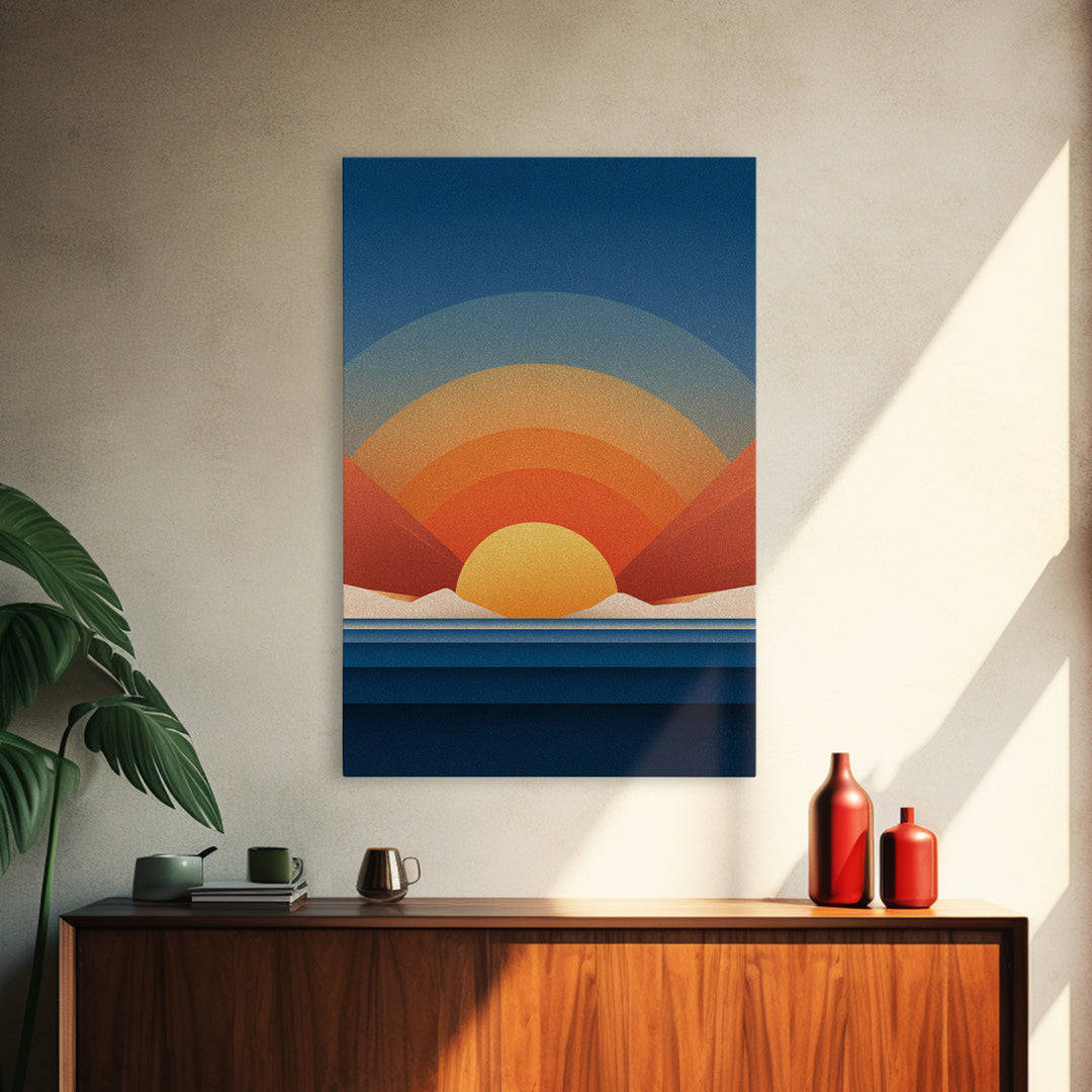 Geometric Desert Sunrise With Red Mountains Framed Canvas Print, Midcentury Modern Wall Art, Orange Blue Abstract Decor Poster