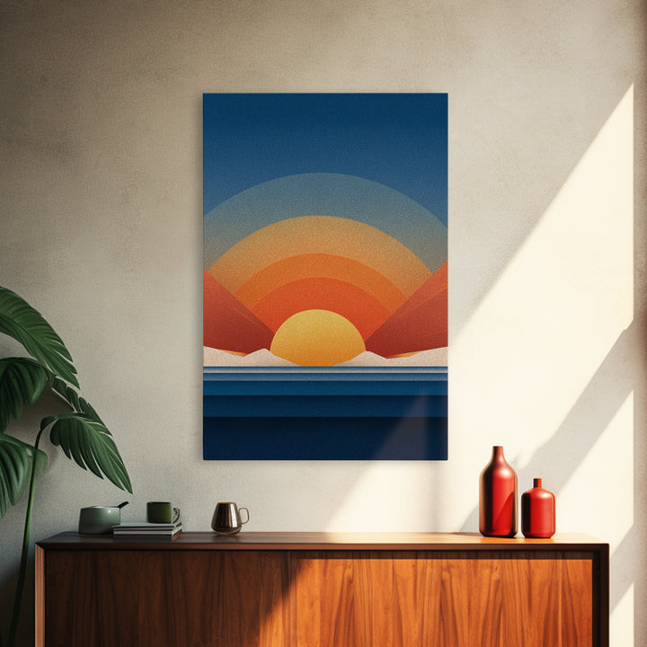 Geometric Desert Sunrise With Red Mountains Framed Canvas Print, Midcentury Modern Wall Art, Orange Blue Abstract Decor Poster