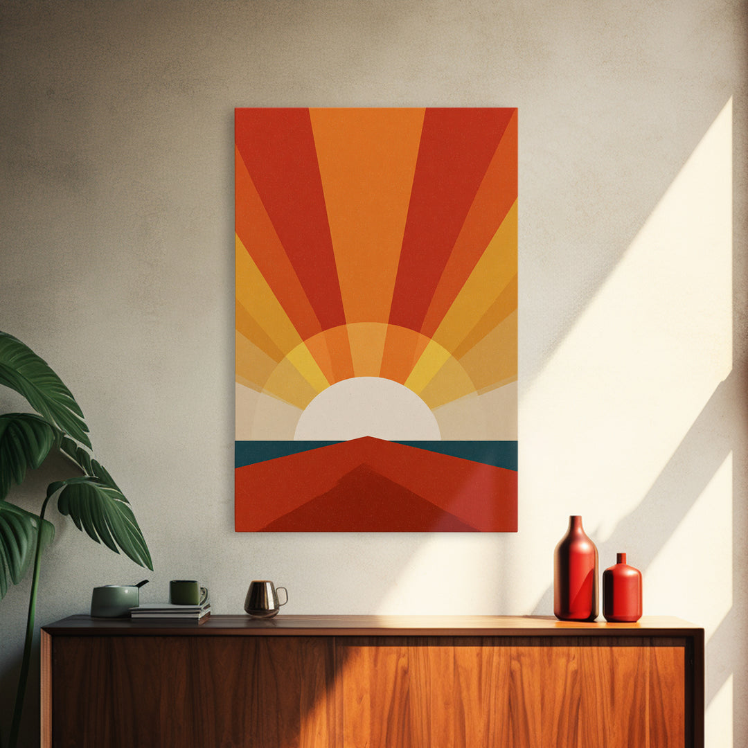 Bold Retro Sunrise Rays Over Ocean Road Canvas Print, 70s Wall Art Poster, Midcentury Modern Decor, Orange Sun Print Gift