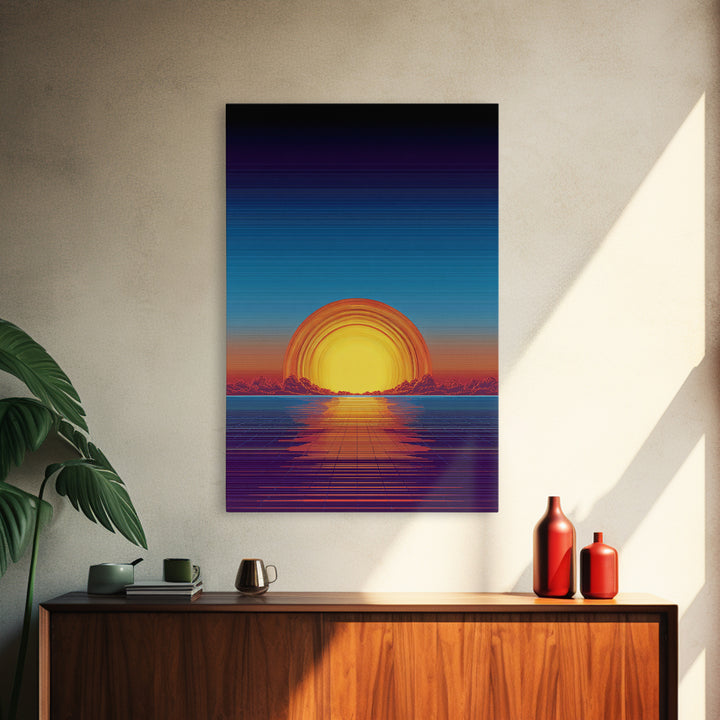 Neon Retro Sunset Over Ocean Grid Wall Art, Synthwave 80s Poster, Vaporwave Decor, Modern Digital Art, Blue Orange Print