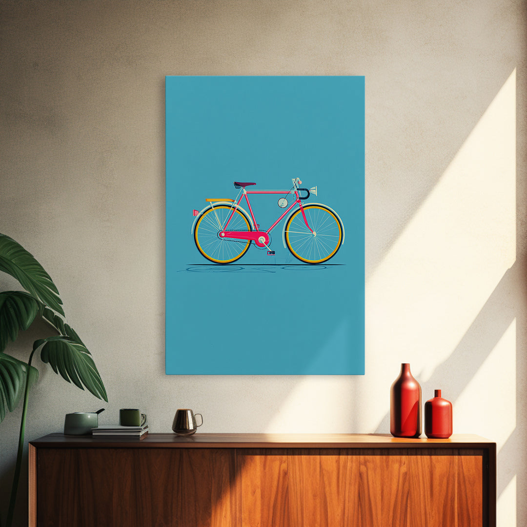 Colorful Pink Bicycle On Teal Canvas Print, Mid Century Modern Art, Retro Cycling Poster, Dopamine Decor, Kids Room Art Gift