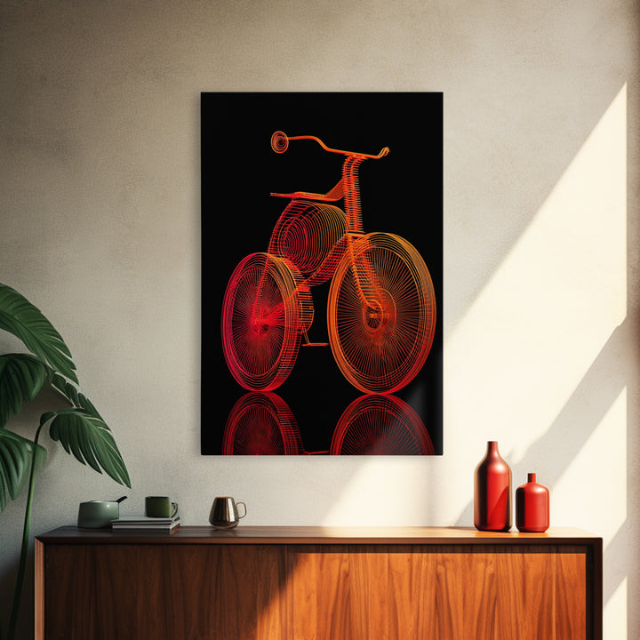 Neon Orange Tricycle Line Art Canvas Print, Black Background Retro Poster, Modern Digital Art, Atomic Decor, Kids Room Art