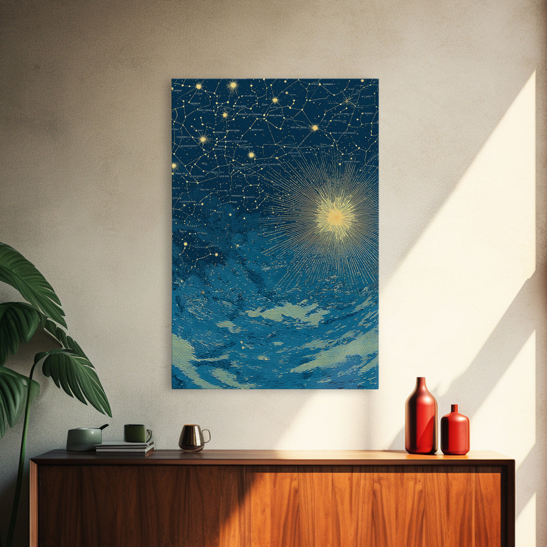 Blue Gold Celestial Starburst Canvas Print, Constellation Night Sky Wall Art, Space Abstract Art, Modern Poster, Spiritual Decor