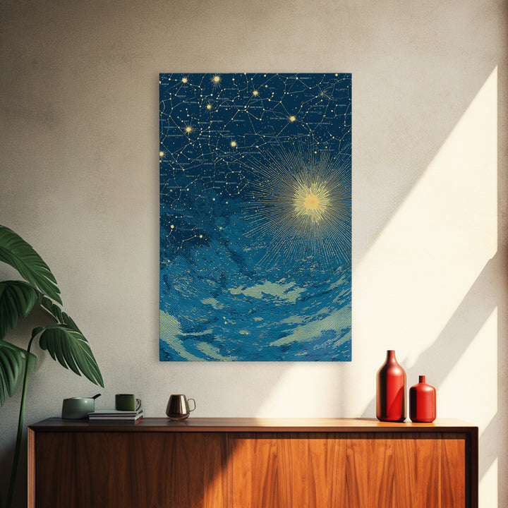 Blue Gold Celestial Starburst Canvas Print, Constellation Night Sky Wall Art, Space Abstract Art, Modern Poster, Spiritual Decor