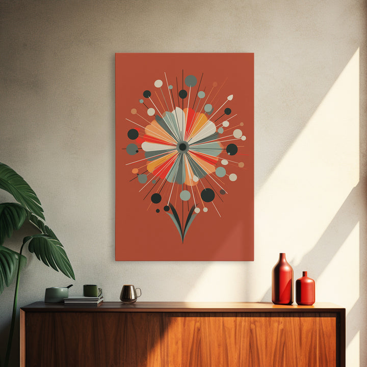 Rust Orange Atomic Flower Wall Art, Midcentury Modern Canvas Print, Geometric Retro Poster, MCM Living Room Decor Gift Idea