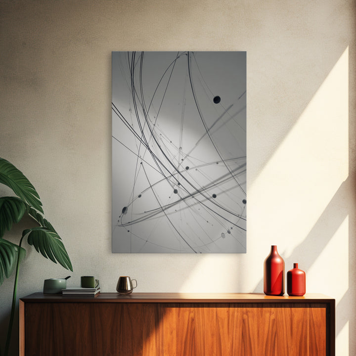 Gray Network Line Framed Canvas Print, Modern Abstract Art, Minimalist Wall Decor, Kinetic Sculpture Inspired Office Art
