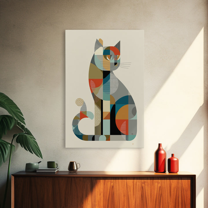 Minimalist Geometric Cat Framed Canvas Print, Midcentury Modern Animal Art, Bauhaus Poster, Neutral Scandinavian Decor Gift
