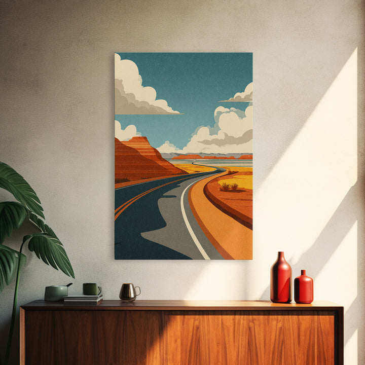 Winding Desert Highway With Red Mesas Wall Art, Mid Century Modern Travel Poster, Retro Southwest Road Trip Decor Print Gift