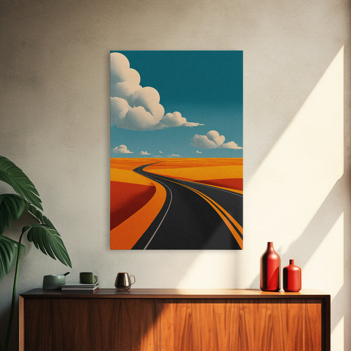 Curving Blacktop Across Orange Desert Canvas Print, Mid Century Modern Wall Art, Retro Road Trip Landscape Poster Home Decor
