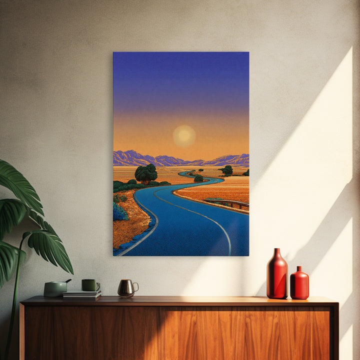 Golden Sunset Road Through Valley Wall Art, Mid Century Modern Landscape Print, Retro California Desert Home Decor Poster