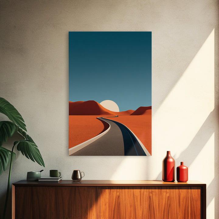 Minimal Desert Road With Low Sun Framed Canvas Print, Modern Abstract Wall Art, Midcentury Southwest Landscape Decor Poster