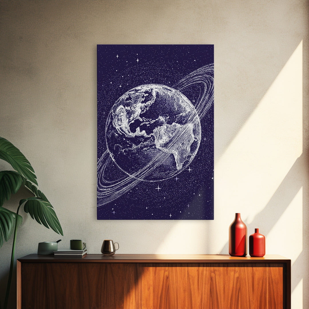 Purple Starry Earth With Saturn Rings Canvas Print, Cosmic Retro Wall Art, Modern Space Poster For Bedroom Decor Gift Print