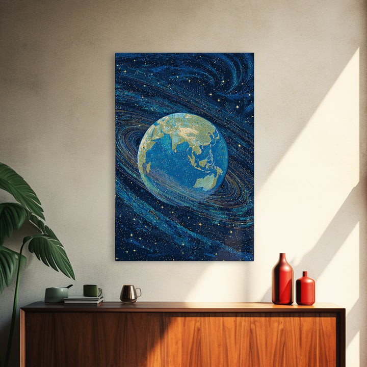 Blue Earth Wrapped In Starry Cosmic Swirls Wall Art, Modern Abstract Art Print, Retro Sci Fi Space Home Decor Poster Gift