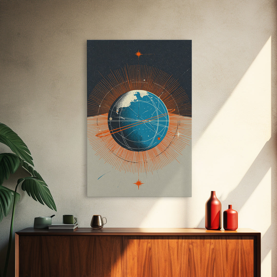 Orange Orbit Planet With Radiating Lines Framed Canvas Print, Modern Abstract Wall Art, Retro Sci Fi Space Decor Poster Gift