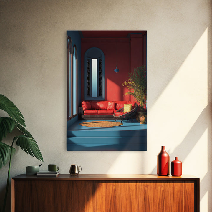 Red Sofa Blue Arch Interior Wall Art, Midcentury Modern Decor, Palm Springs Style, Bold Living Room Canvas Print Statement Home Decor