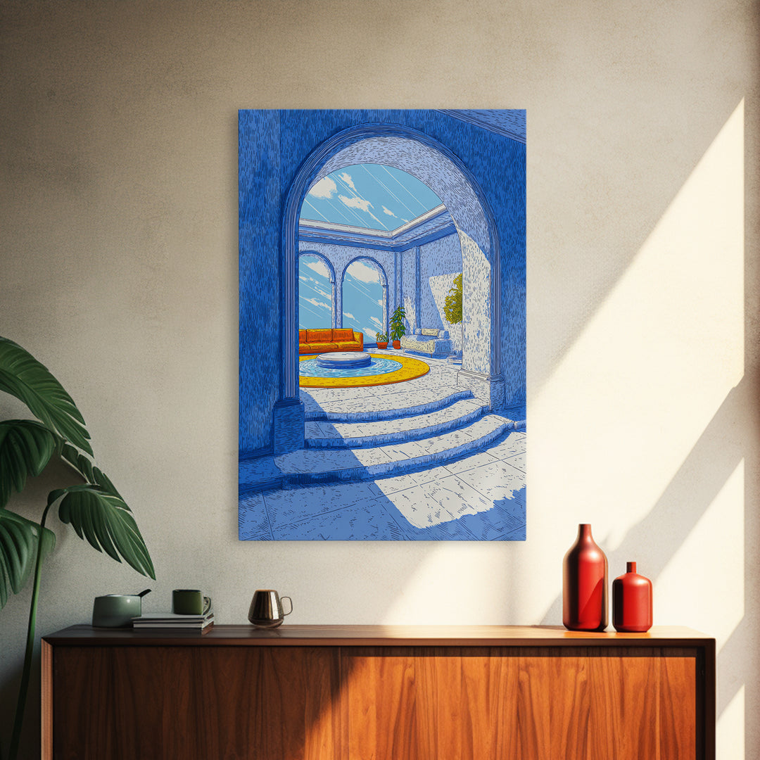 Blue Arched Sunroom With Orange Sofa Framed Canvas Print, Midcentury Modern Wall Art, Mediterranean Living Room Decor Poster