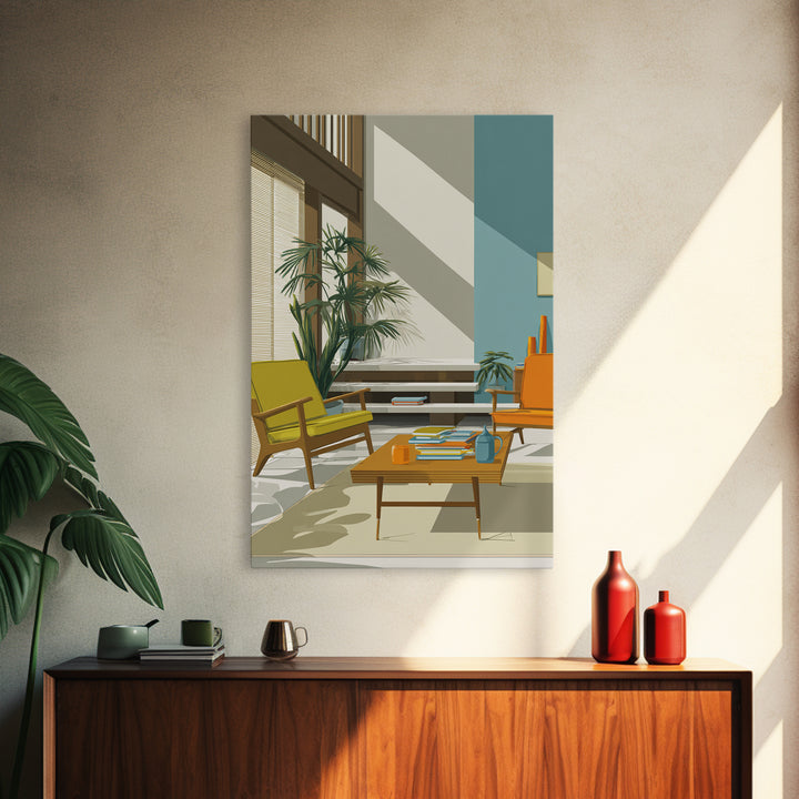 Yellow And Orange Lounge Chairs Canvas Print, Midcentury Modern Wall Art, Retro Living Room Decor, MCM Home Office Art Print