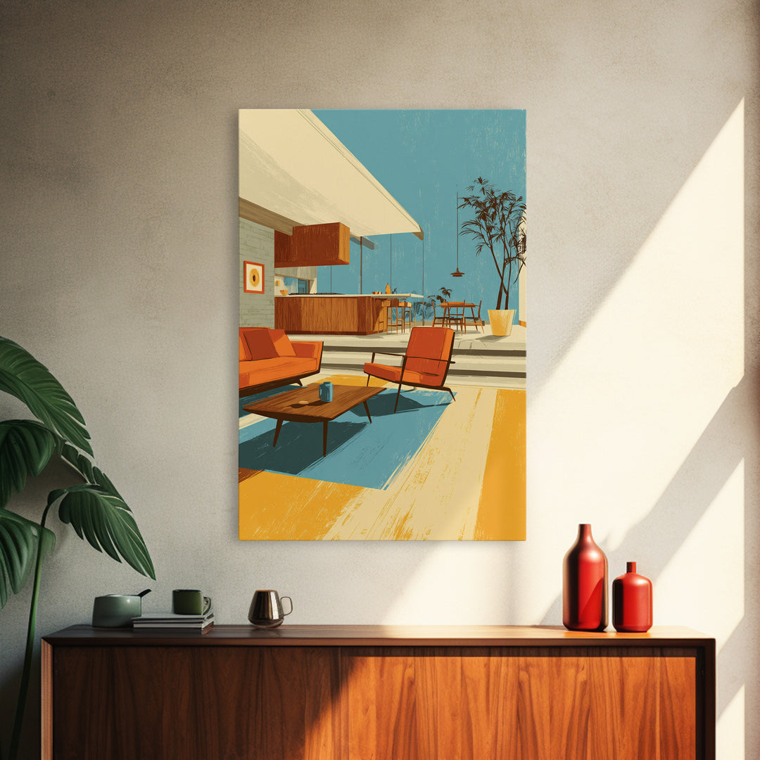 Orange Patio Chairs And Sunny Kitchen Wall Art, Midcentury Modern Decor, Retro Palm Springs Canvas Print, Bright Home Decor