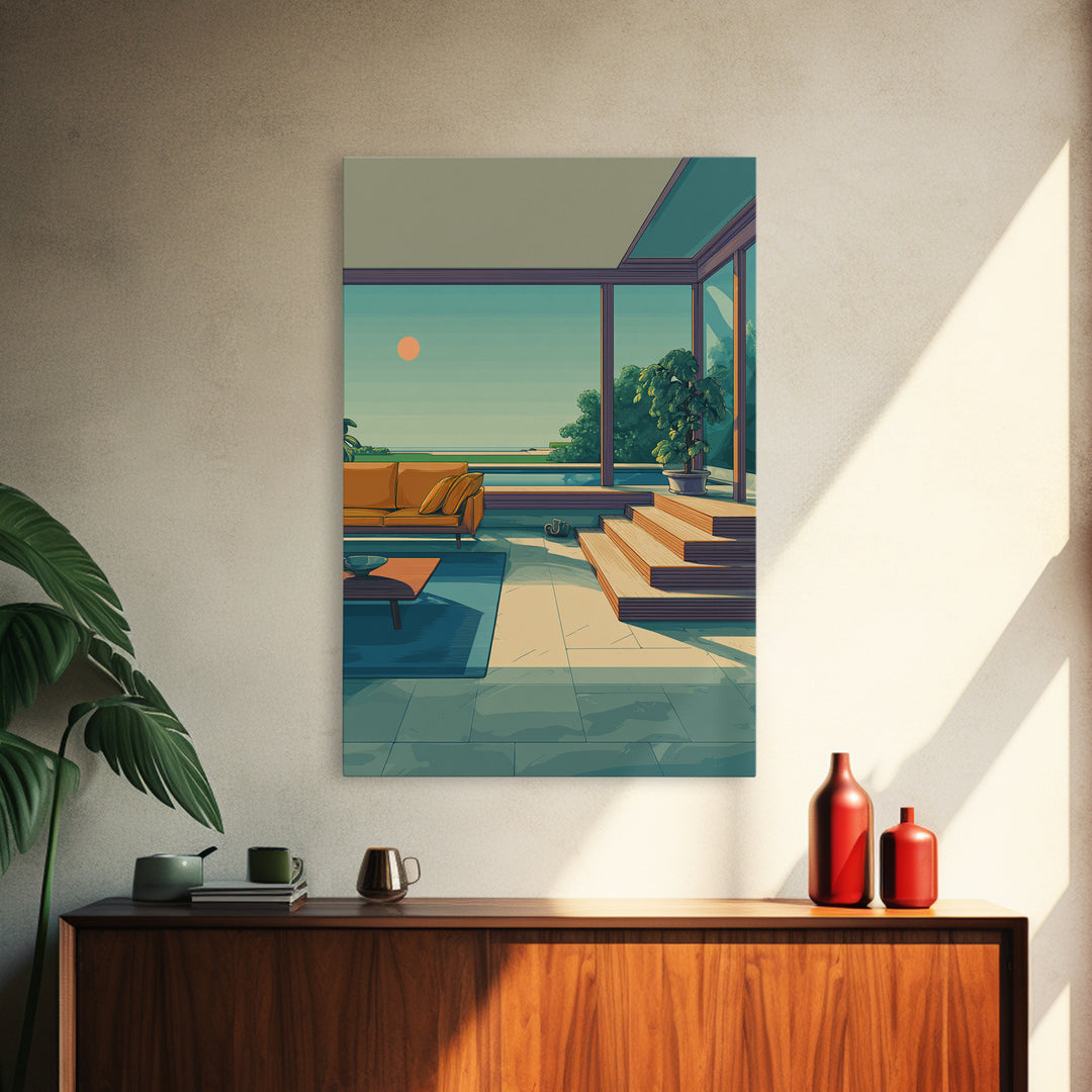 Orange Sofa Ocean View Living Room Canvas Print, Midcentury Modern Wall Art, Coastal Sunset Decor, Retro Home Office Poster