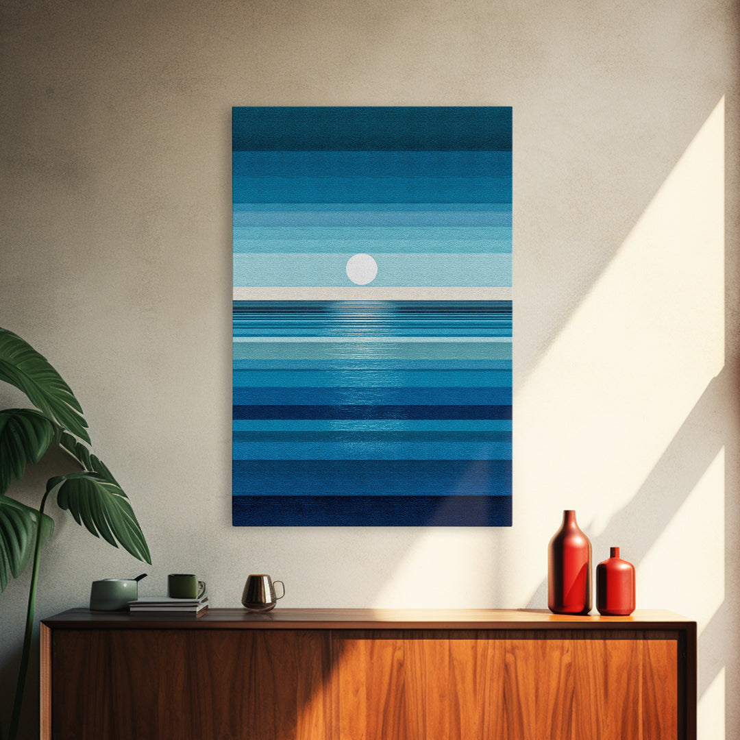 Minimal Blue Ocean Moon Stripes Wall Art, Modern Abstract Art Print, Coastal Bedroom Decor, Scandinavian Modern Canvas Print